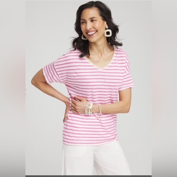 Chicos 100% Linen Knit Sweater Tee Pink White Striped Gold Shimmer V
Neck Small - Picture 1 of 11